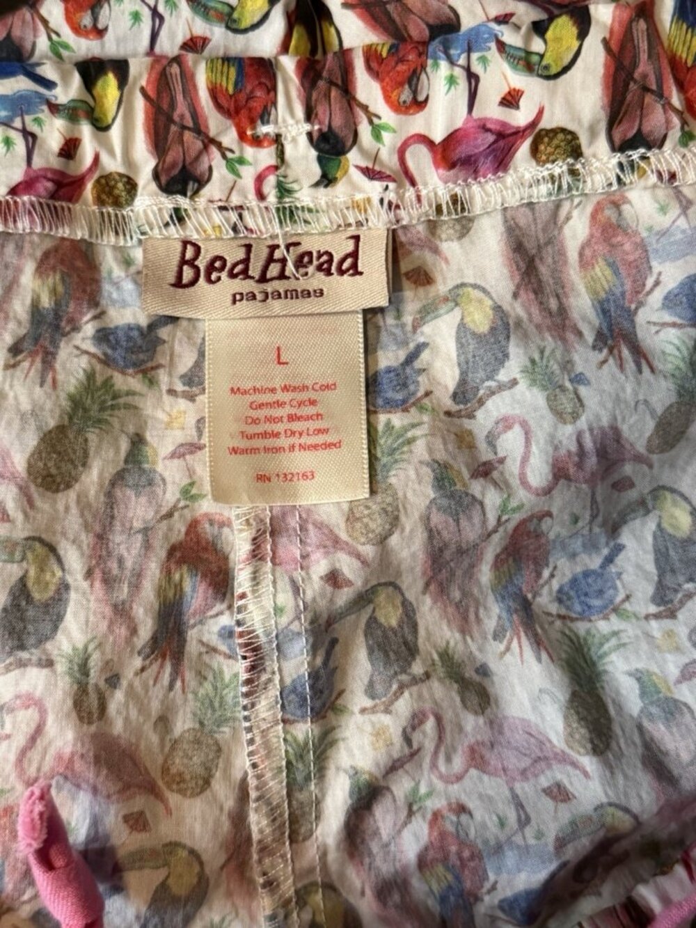 BedHead Pajamas Tropical Bird & Flamingo 100% Cotton Pajama Set Sz L Made In USA - Picture 3 of 5